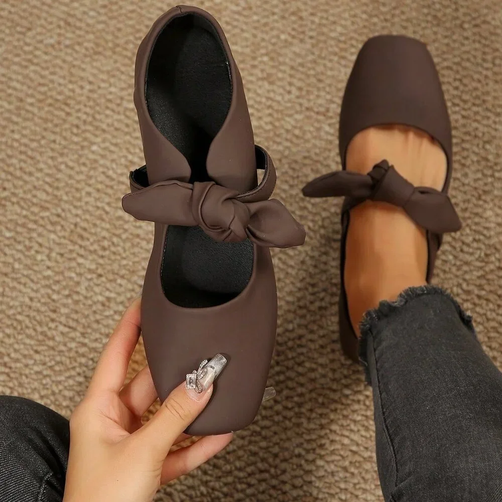 Coffee Brown Elegant Women's Low-Cut Flats with Bow Accent